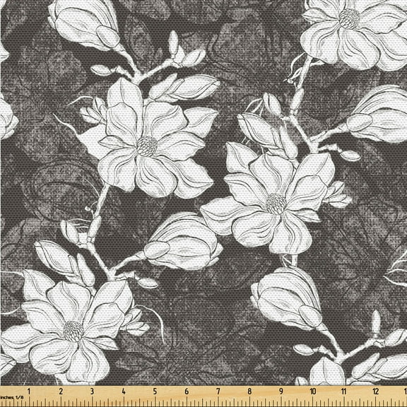 Ambesonne Flowers Fabric by the Yard Upholstery, Magnolia Tree Floral Branch, 2 Yards, Dark Taupe Grey and White