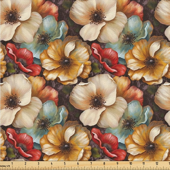 Ambesonne Flowers Fabric by the Yard Upholstery, Retro poppy Branches Print, 2 Yards, Amber Seafoam and Brown
