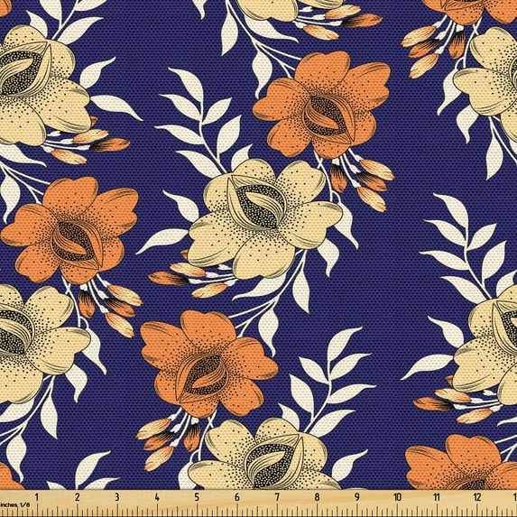 Ambesonne Flowers Fabric by the Yard Upholstery, Vintage Classic Branches, 10 Yards, Dark Orange Cream and Indigo