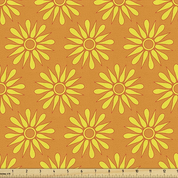 Ambesonne Flowers Fabric by the Yard Upholstery, Warm Tone Blossoms Season, 1 Yard, Dark Orange and Yellow