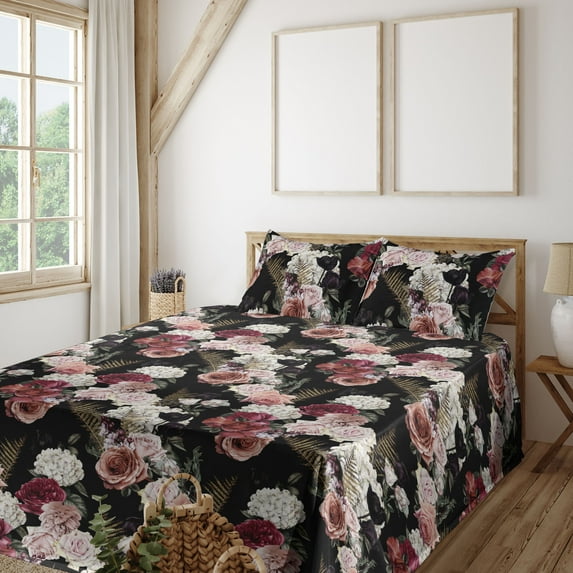 Ambesonne Flowers Fitted & Flat Sheet with Sham 3 Pcs Set, Blossoming Roses Romantic, Twin XL, Black Multicolor