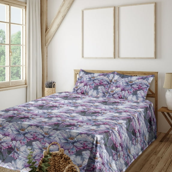 Ambesonne Flowers Fitted & Flat Sheet with Sham 3 Pcs Set, Wild Roses Vintage Floral, Twin, Purpleblue Lilac and Fuchsia