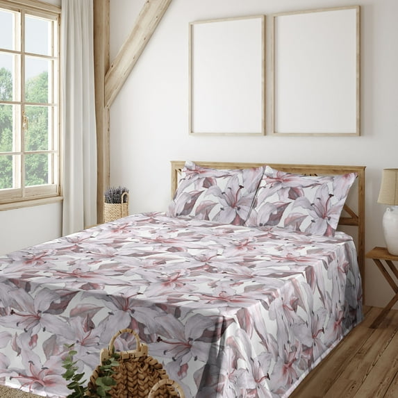 Ambesonne Flowers Fitted & Flat Sheet with Shams 4 Pcs Set, Soft Lily Ornament Pastel, Full, Coral Pale Mauve and Dimgray