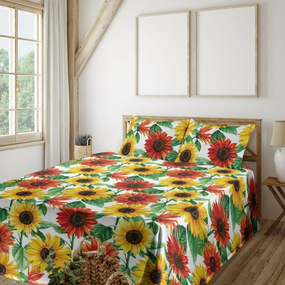 Ambesonne Flowers Fitted & Flat Sheet with Shams 4 Pcs Set, Sunflower Gerbera Blooms, King, Scarlet Mustard and Green
