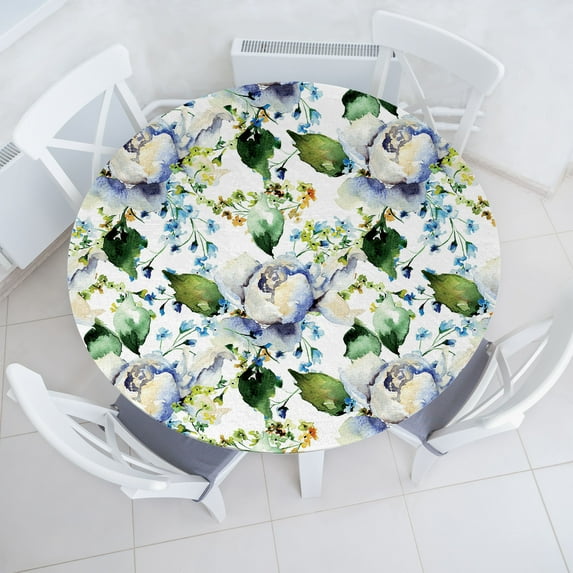 Ambesonne Flowers Fitted Round Tablecloth, Bloom of Wild Florets Print, 56"- 60" Diameter, Olive Green Blue and Lavender