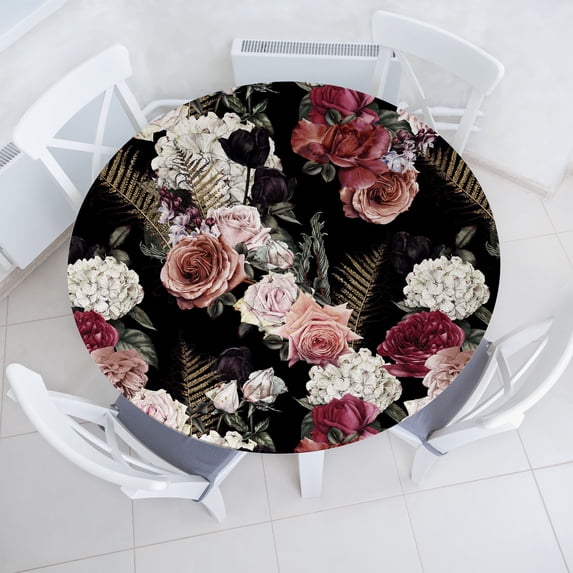 Ambesonne Flowers Fitted Round Tablecloth, Blossoming Roses Romantic, 45"- 56" Diameter, Black Multicolor