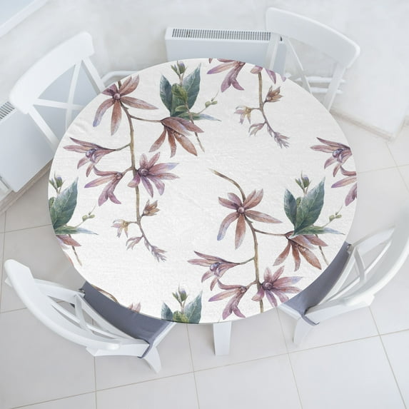Ambesonne Flowers Fitted Round Tablecloth, Innocent Leaves Exotic Art, 36"- 40" Diameter, Almond Lilac and Grey Teal