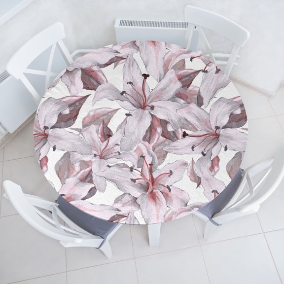 Ambesonne Flowers Fitted Round Tablecloth, Soft Lily Ornament Pastel, 40"- 44" Diameter, Coral Pale Mauve and Dimgray