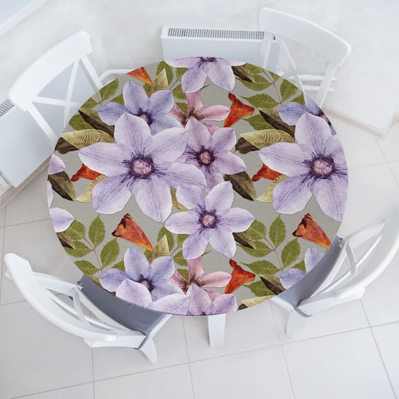 Ambesonne Flowers Fitted Round Tablecloth, Spring Petals Floral Print, 36"- 40" Diameter, Lavender Pale Sepia and Green