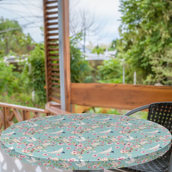 Ambesonne Flowers Fitted Round Tablecloth, Watercolor Flying Crane, 45"- 56" Diameter, Multicolor