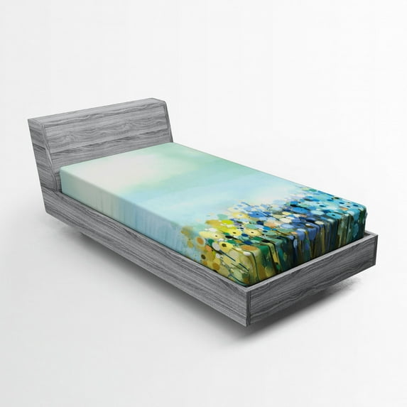 Ambesonne Flowers Fitted Sheet, Aqua Painting Effect, Twin Size, Pale Blue