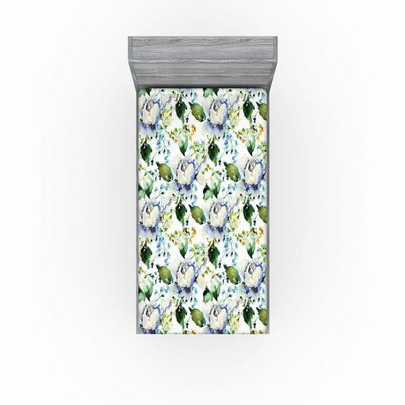 Ambesonne Flowers Fitted Sheet, Bloom of Wild Florets Print, Twin Size, Olive Green Blue and Lavender