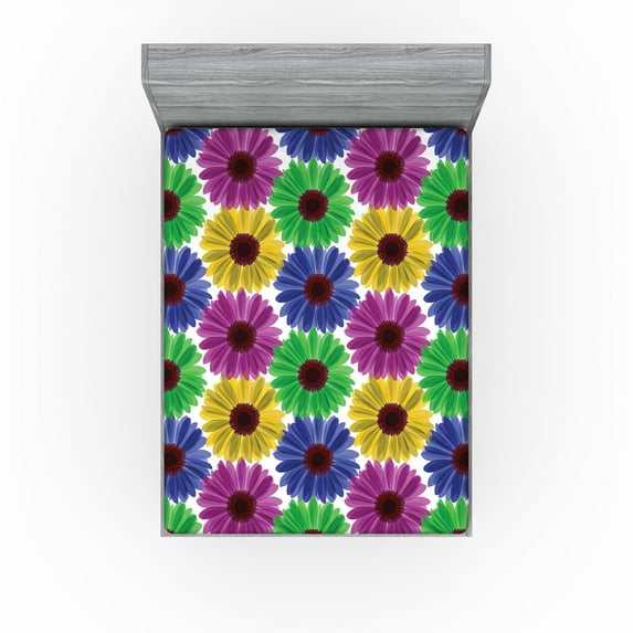 Ambesonne Flowers Fitted Sheet, Blooming Colorful Gerbera, California King, Blue Purple Green