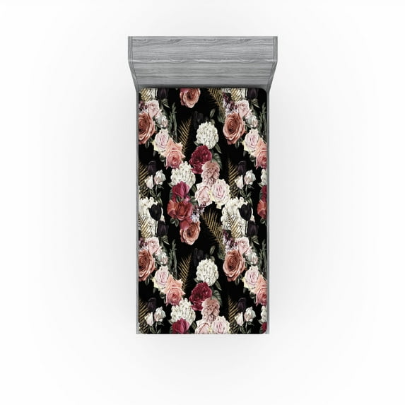 Ambesonne Flowers Fitted Sheet, Blossoming Roses Romantic, Twin Size, Black Multicolor