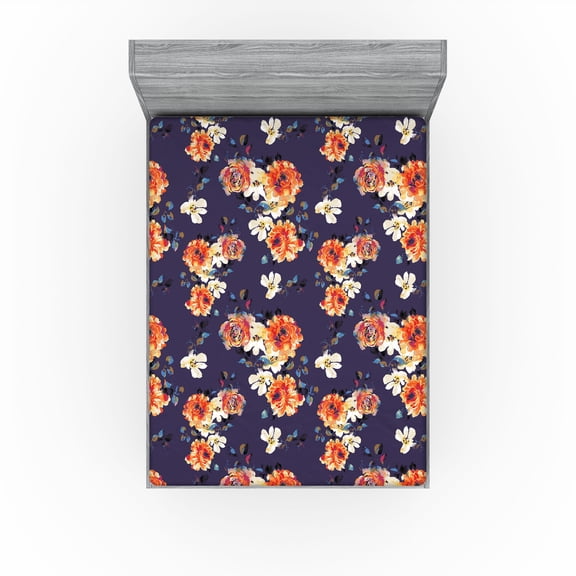 Ambesonne Flowers Fitted Sheet, Blossoms Leaves Botanical, Queen Size, Quartz Orange and Blue