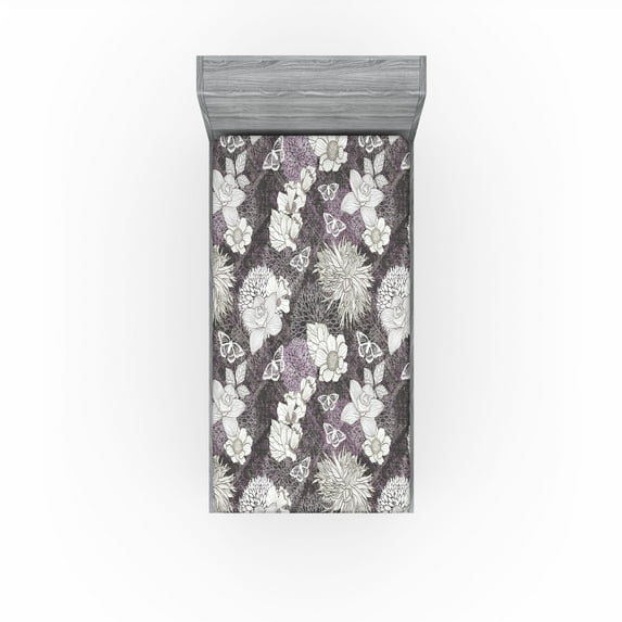 Ambesonne Flowers Fitted Sheet, Butterflies Dahlia Orchid, Twin Size, Off White Lilac Taupe