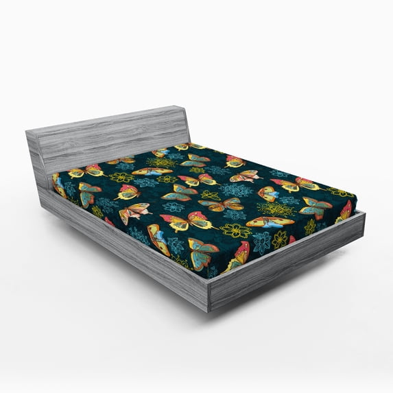 Ambesonne Flowers Fitted Sheet, Butterflies and Flowers, Queen Size, Yellow and Petrol Blue