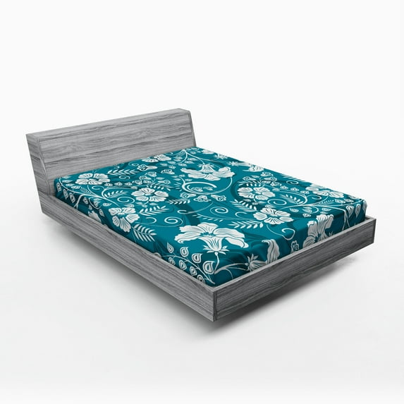 Ambesonne Flowers Fitted Sheet, Floral Romantic Beams, Queen Size, Petrol Blue Teal White