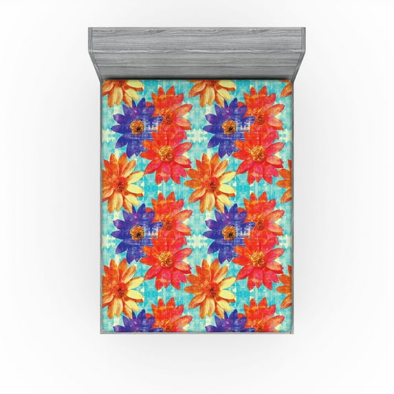 Ambesonne Flowers Fitted Sheet, Grunge Rustic Effect Blooms, Queen Size, Dark Coral Violet and Blue