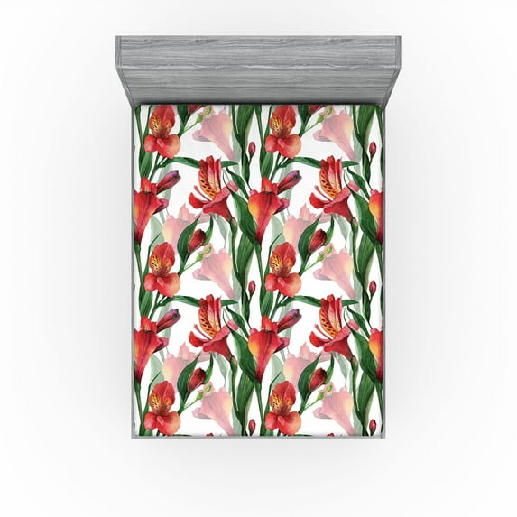 Ambesonne Flowers Fitted Sheet, Peruvian Lily Ornament Art, Full Size, Dark Coral and Green