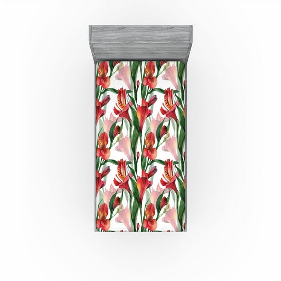 Ambesonne Flowers Fitted Sheet, Peruvian Lily Ornament Art, Twin XL Size, Dark Coral and Green