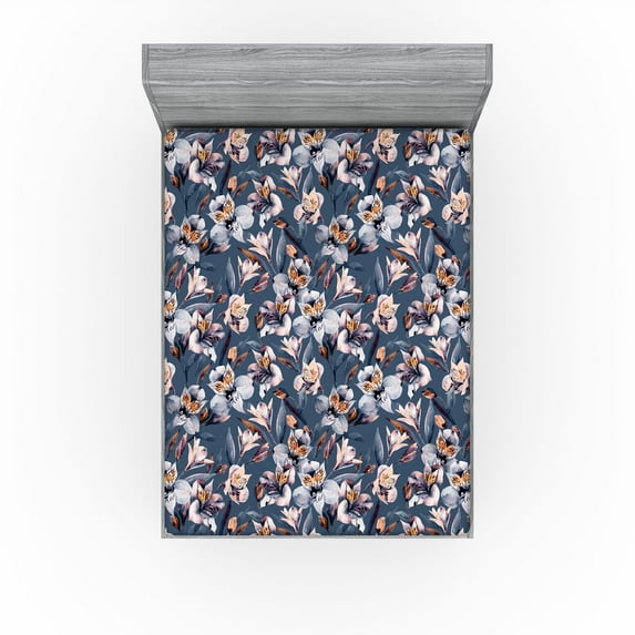 Ambesonne Flowers Fitted Sheet, Peruvian Lily Tropical Art, Queen Size, Slate Blue Orange Rose