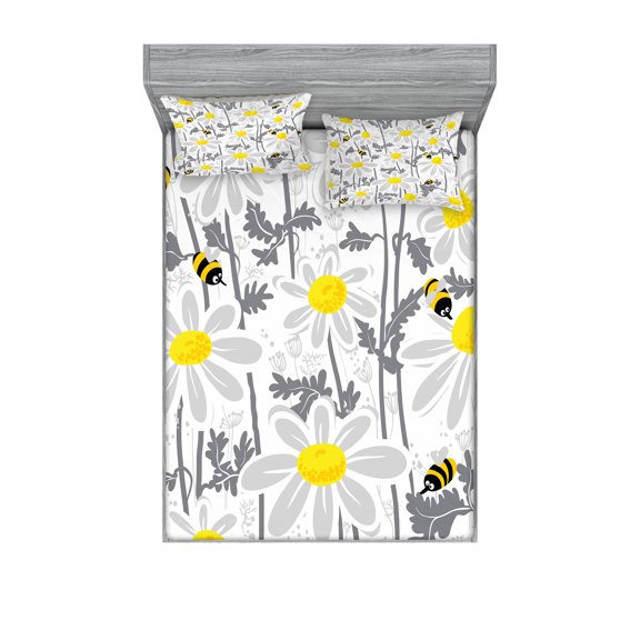 Ambesonne Flowers Fitted Sheet & Pillow Sham Set, Daisy Leaf Spring Time, Full, Yellow White