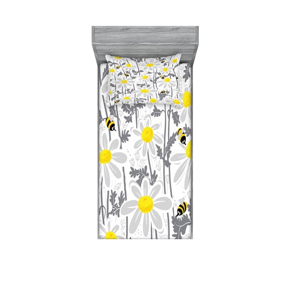 Ambesonne Flowers Fitted Sheet & Pillow Sham Set, Daisy Leaf Spring Time, Twinxl, Yellow White