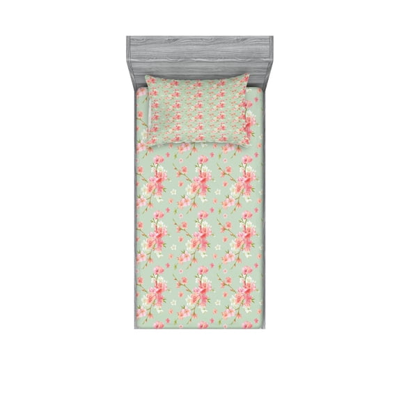Ambesonne Flowers Fitted Sheet & Pillow Sham Set, Retro Spring Blossoms, Twinxl, Mint Pink