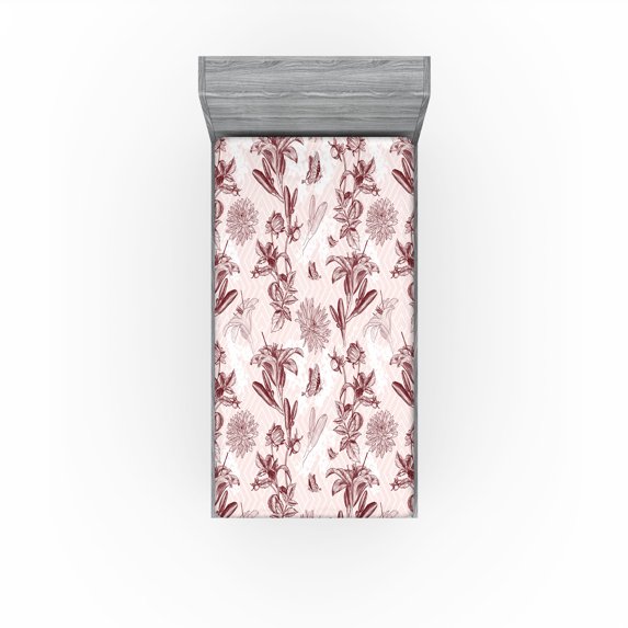 Ambesonne Flowers Fitted Sheet, Spring Floral Chevron Art, Twin XL Size, Chocolate and Pale Pink