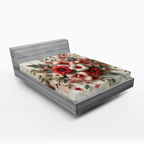 Ambesonne Flowers Fitted Sheet, Tender Floral Marble Print, King Size, Pale Ruby and Laurel Green