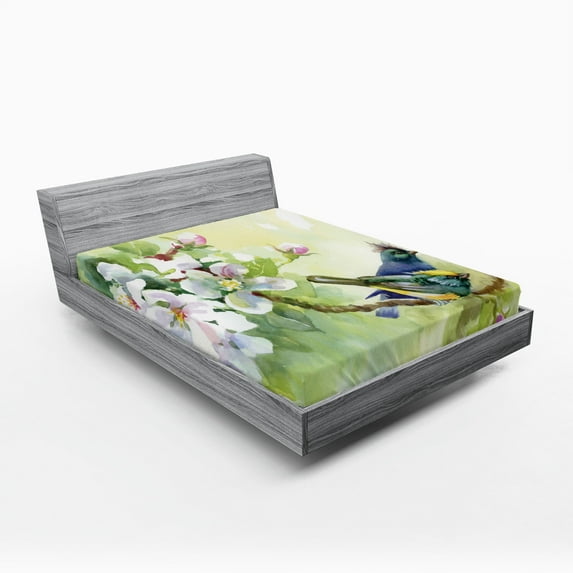 Ambesonne Flowers Fitted Sheet, Watercolor Birds Spring, California King, Reseda Green and Yellow