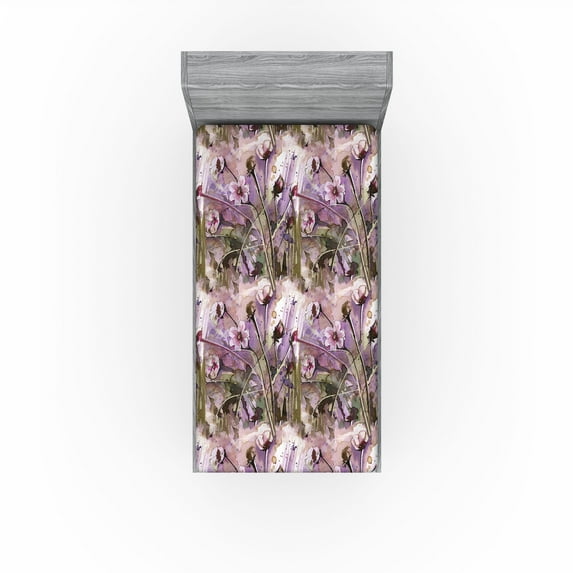 Ambesonne Flowers Fitted Sheet, Watercolor Meadow Flowers, Twin Size, Mauve Army Green and Rose