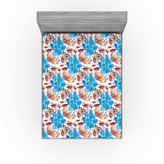 Ambesonne Flowers Fitted Sheet, Watercolor Neutral Floral, Full Size, Deep Sky Blue Sand Brown