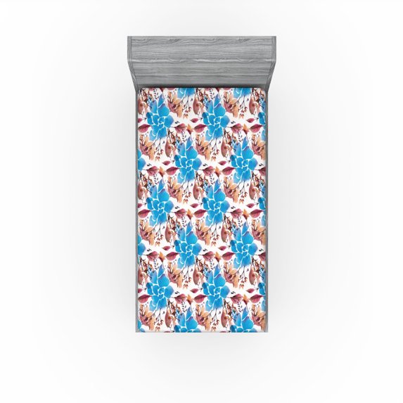 Ambesonne Flowers Fitted Sheet, Watercolor Neutral Floral, Twin Size, Deep Sky Blue Sand Brown