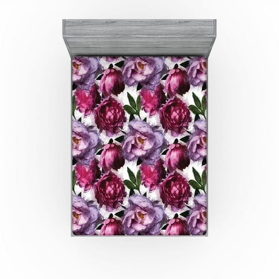 Ambesonne Flowers Fitted Sheet, Watercolor Spring Peony, California King, Lilac Pink and Raspberry