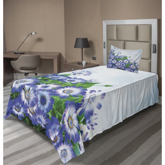 Ambesonne Flowers Fitted & Top Sheet Set with Sham, Wildflowers in Grass, Blue Green