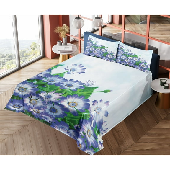 Ambesonne Flowers Fitted & Top Sheet Set with Shams, Wildflowers in Grass, Blue Green