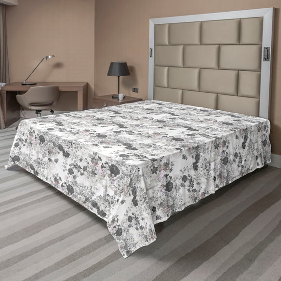 Ambesonne Flowers Flat Bedding Sheet Soft Top Sheet, Achromatic Retro Wild Roses, Full, Dimgray and Soft Pink