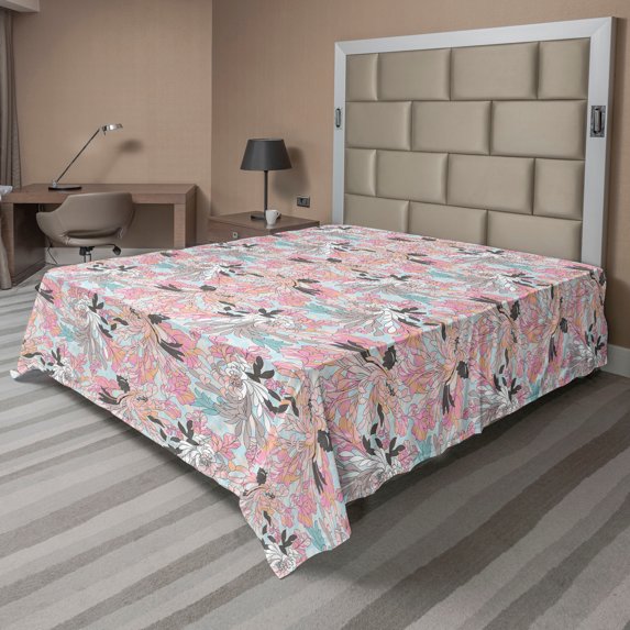 Ambesonne Flowers Flat Bedding Sheet Soft Top Sheet, Floral Spring Vibes Print, Full, Soft Blue Pale Pink Peach