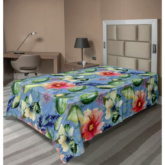 Ambesonne Flowers Flat Bedding Sheet Soft Top Sheet, Leafy Garden Design Print, Twin, Ceil Blue Dark Pink and Green