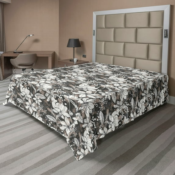 Ambesonne Flowers Flat Bedding Sheet Soft Top Sheet, Mimosa Frangipani Print, California King, Warm Taupe Dimgray