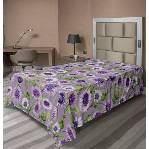 Ambesonne Flowers Flat Bedding Sheet Soft Top Sheet, Spring Meadow Chamomile Art, Twin, Mauve Purple and Green