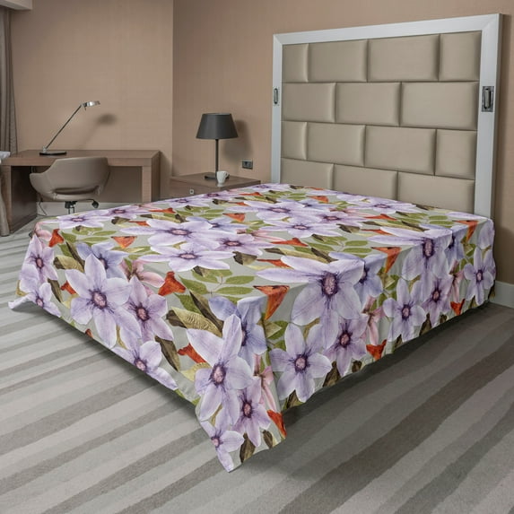 Ambesonne Flowers Flat Bedding Sheet Soft Top Sheet, Spring Petals Floral Print, King, Lavender Pale Sepia and Green
