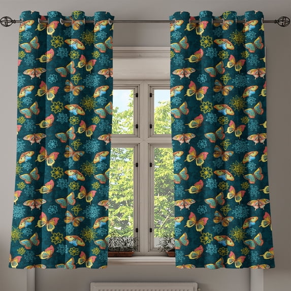 Ambesonne Flowers Grommet Curtain, Butterflies and Flowers, 50" x 54", Yellow and Petrol Blue