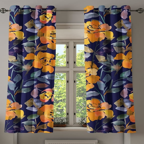 Ambesonne Flowers Grommet Curtain, Floral Watercolor Abstract, 50"x63", Indigo Marigold Ceil Blue