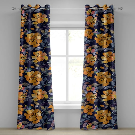 Ambesonne Flowers Grommet Curtain, Floral Watercolor Abstract, 50"x96", Indigo Marigold Ceil Blue