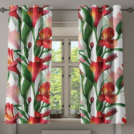 Ambesonne Flowers Grommet Curtain, Peruvian Lily Ornament Art, 50"x63", Dark Coral and Green