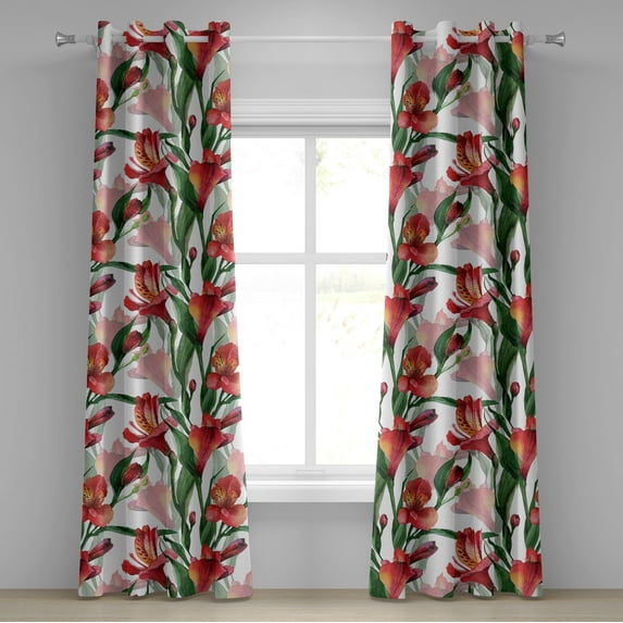 Ambesonne Flowers Grommet Curtain, Peruvian Lily Ornament Art, 50"x84", Dark Coral and Green