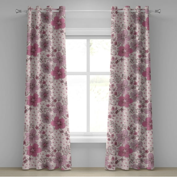 Ambesonne Flowers Grommet Curtain, Romantic Floral and Polka, 50"x120", Blush Hot Pink White